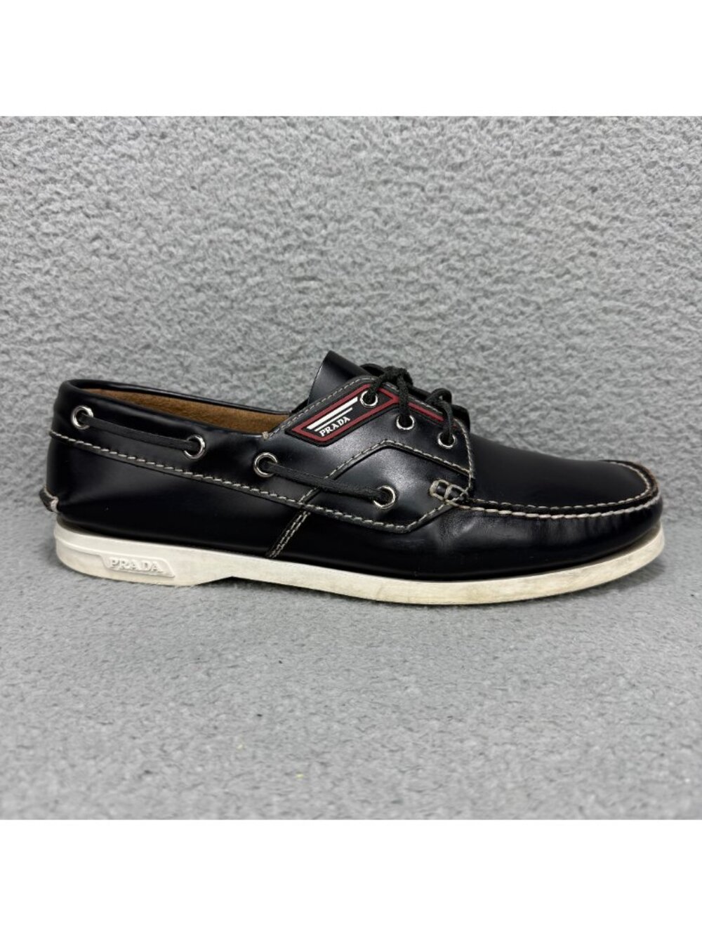 Prada Boat Shoes Men 11 / UK 10 Black Brushed Spazzolato Leather Lace Up Loafers - Picture 3 of 14